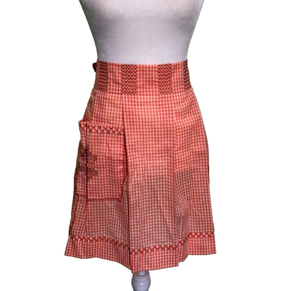 Homemade Half Apron w/ Front‎ Pockets Orange Gingham Black Embroidery